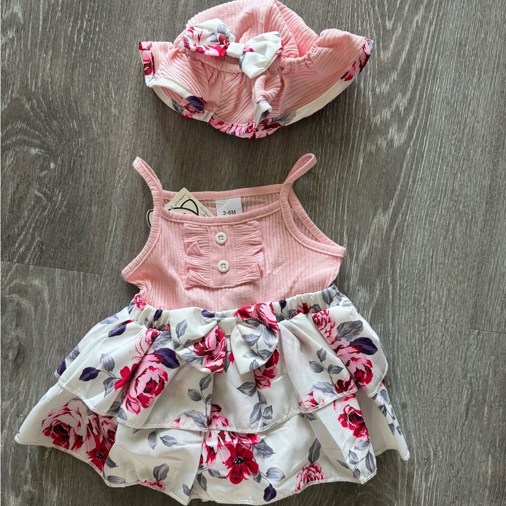 New Pink Floral Baby Dress and hat Set